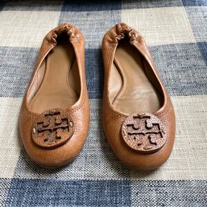 Tory Burch Tan Leather Ballet Flats with Logo